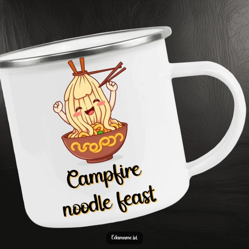 Funny ramen noodle camping mug, a smiling noodle character looping with chopsticks, durable and fun.
