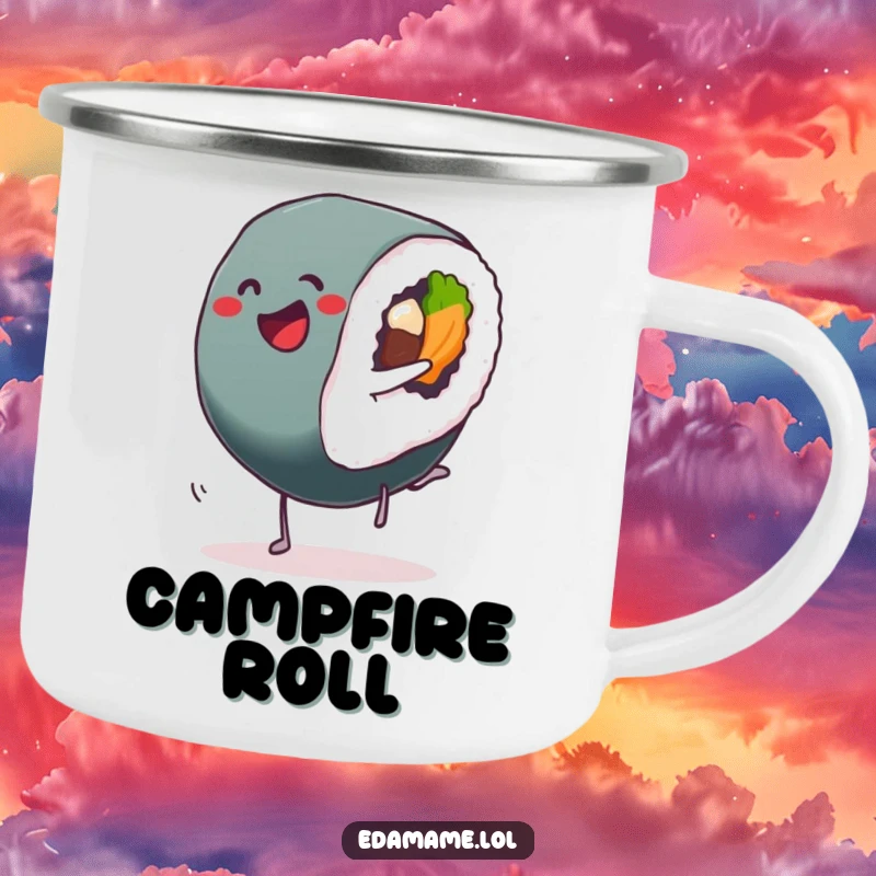 Funny Sushi Roll Camping Mug with a delighted Sushi doing a cartwheel, for adventurous sipping