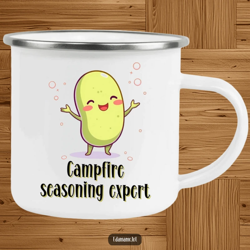 Funny enamel camping mug with a cheerful edamame bean juggling tiny salt crystals, perfect for outdoor meals and adding a touch of humor.