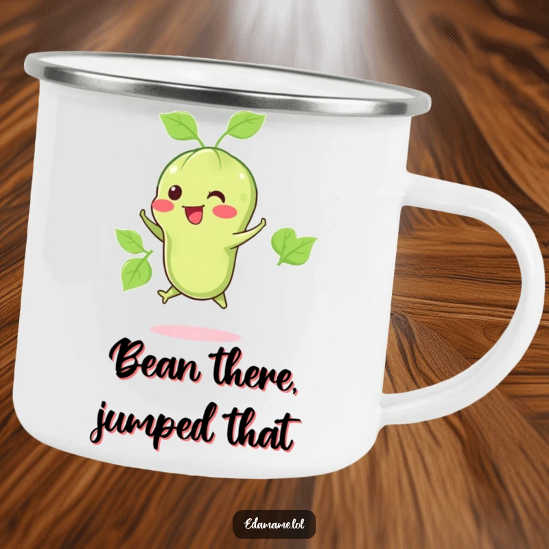 Funny camping mug featuring a happy edamame pod doing a little jump, perfect for outdoor drinks and adding healthy cheer.