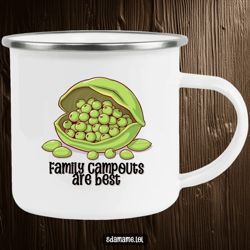 Funny camping mug showing a large edamame pod guarding smaller beans, ready for outdoor adventures.