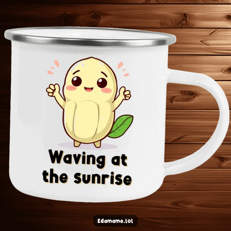 Funny cheerful edamame pod with tiny arms waving enthusiastically, on a durable camping mug, spreading friendly greetings outdoors.