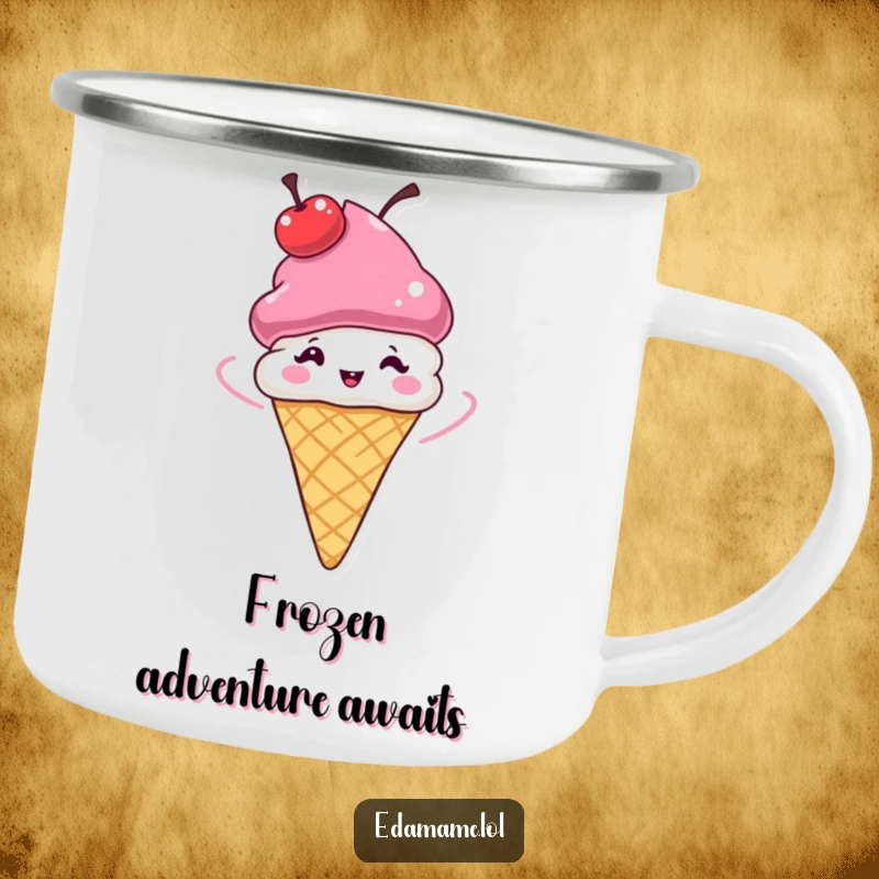 Funny Ice Cream Cone Camping Mug featuring a cherry hat spinning, designed for rugged fun and humor.