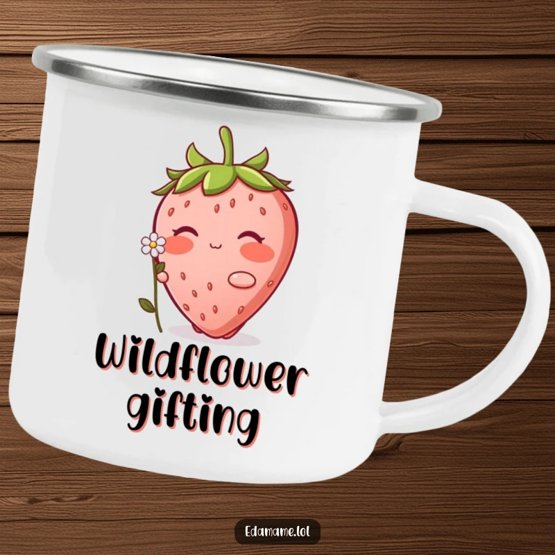 Funny Strawberry Camping Mug: A sturdy mug featuring a blushing strawberry character offering a tiny flower, perfect for outdoor enjoyment.