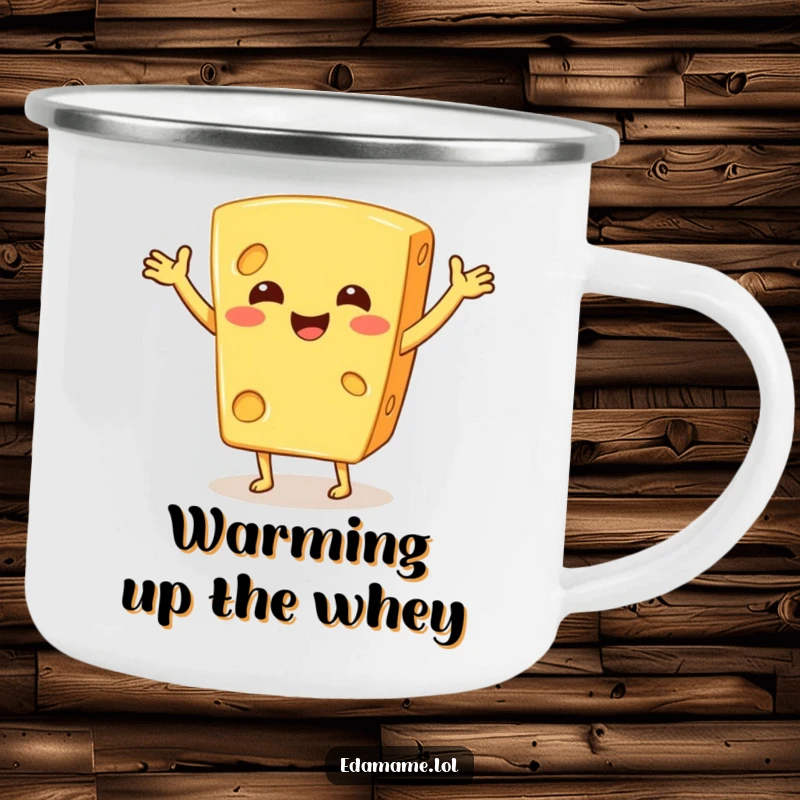 Funny camping mug featuring a smiling cheese wedge performing a silly jig, perfect for outdoor fun and laughter.
