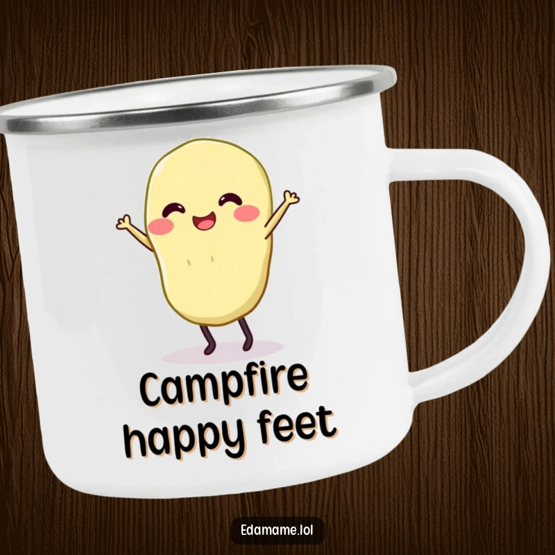 Funny camping mug with a smiling edamame on legs dancing, perfect for outdoor fun.