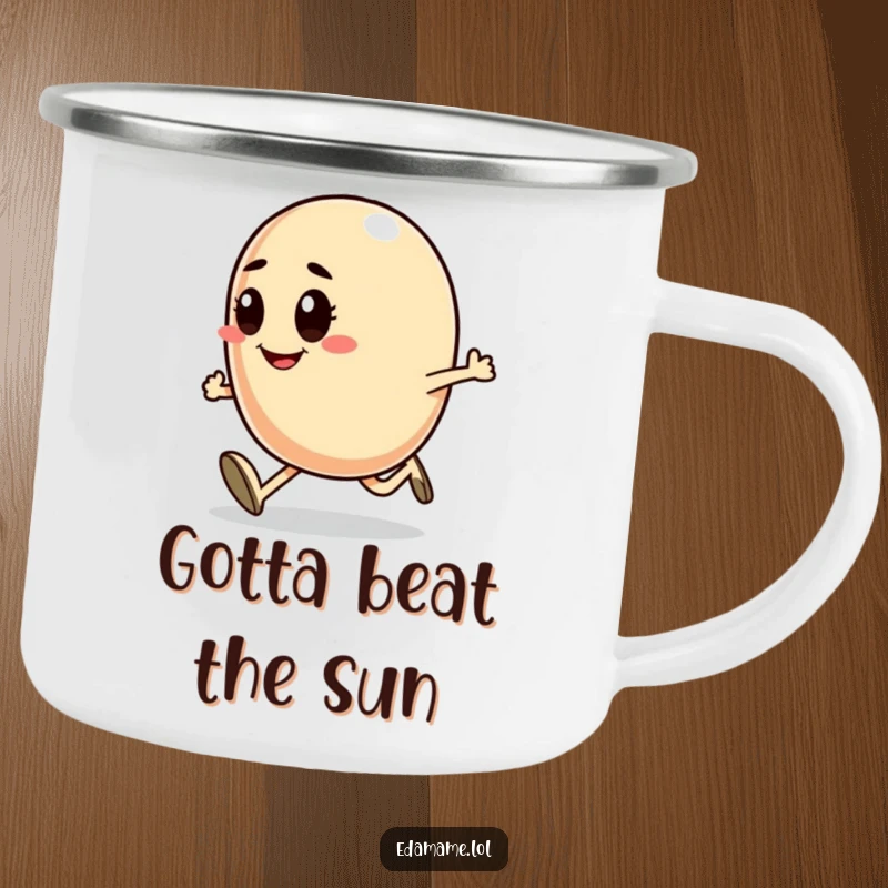 Funny camping mug with a smiling bean character running determinedly, perfect for enjoying drinks during outdoor activities.