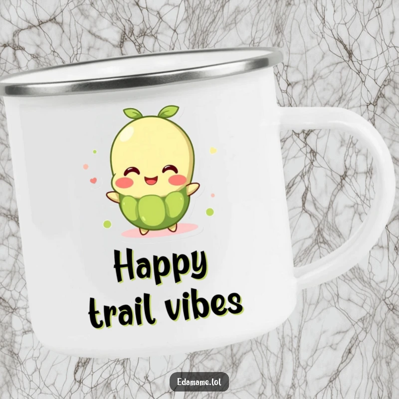 Funny Camping Mug: A bubbly edamame bean character overflows with joy, ready for happy outdoor adventures.