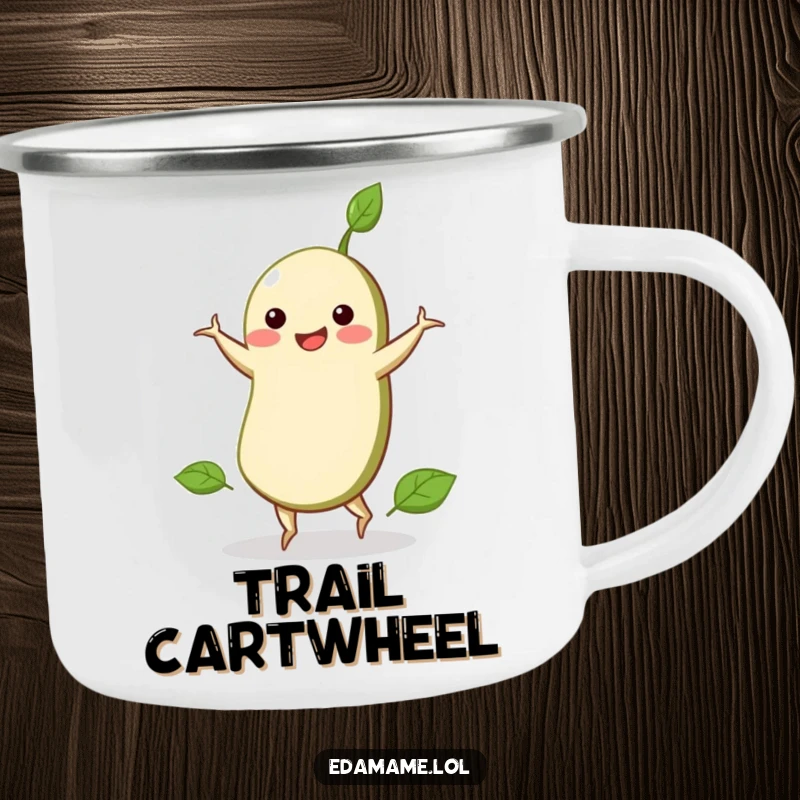 Funny camping mug showcasing an edamame bean doing a cartwheel, bringing a playful and energetic vibe to outdoor settings.