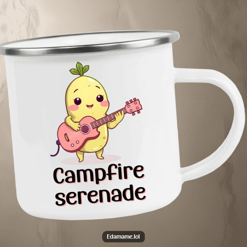 Funny camping mug featuring an edamame bean playing a tiny guitar, perfect for enjoying drinks while singing campfire songs.