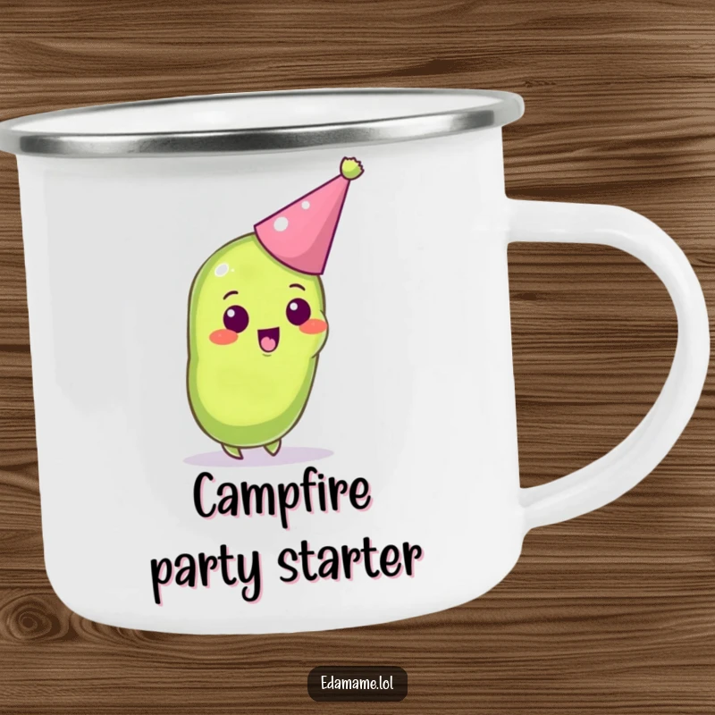 Funny camping mug featuring an excited anthropomorphic edamame pod with a party hat, perfect for festive outdoor drinks.