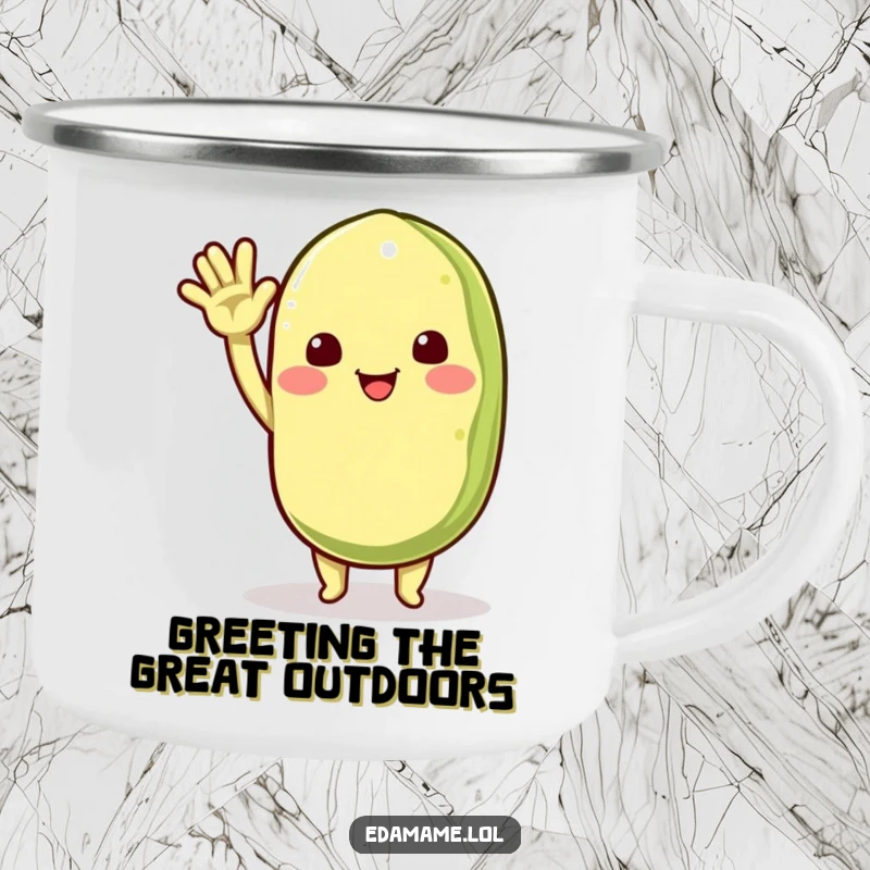Funny enamel camping mug with a cheerful edamame pod character waving enthusiastically, perfect for outdoor adventures and friendly hellos.