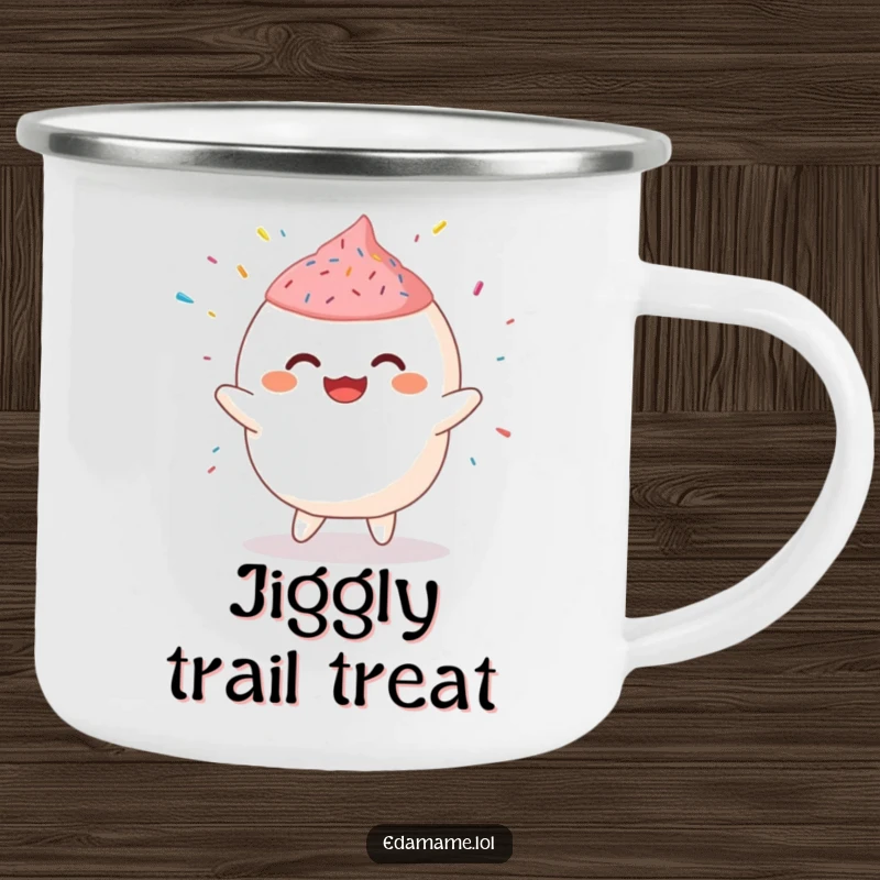 Funny Camping Mug featuring a giggling mochi character doing a jig with sprinkles, ideal for sweet outdoor moments.