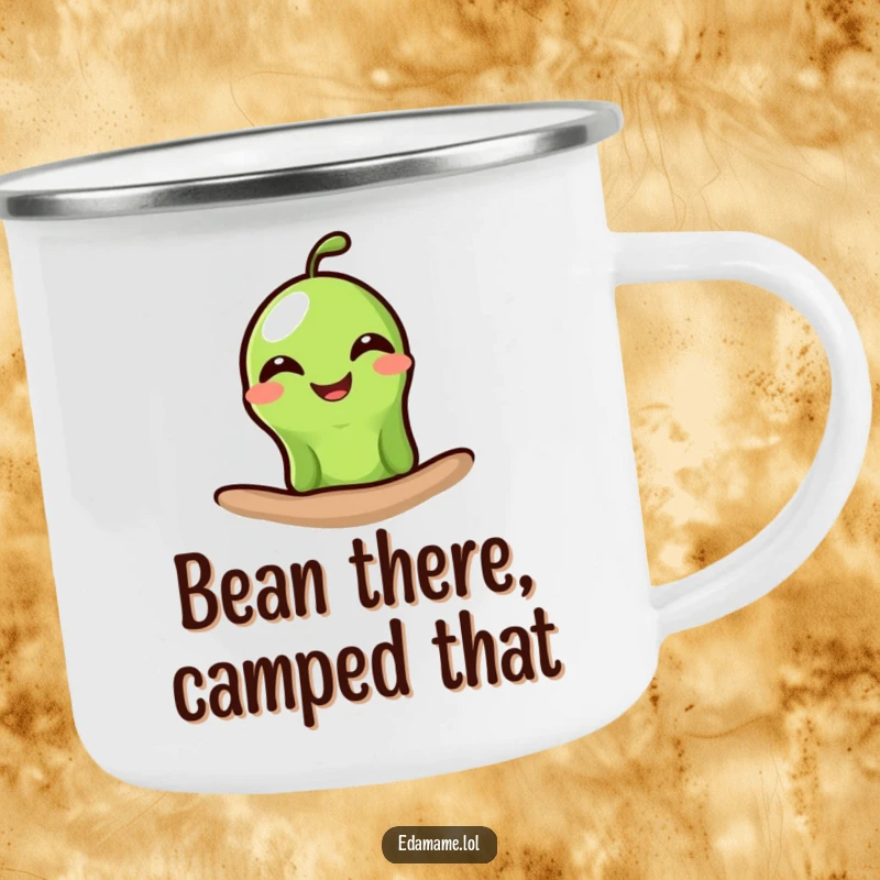 Funny edamame camping mug featuring a single green bean peeking out with a wide, happy grin, perfect for cheerful outdoor drinking.