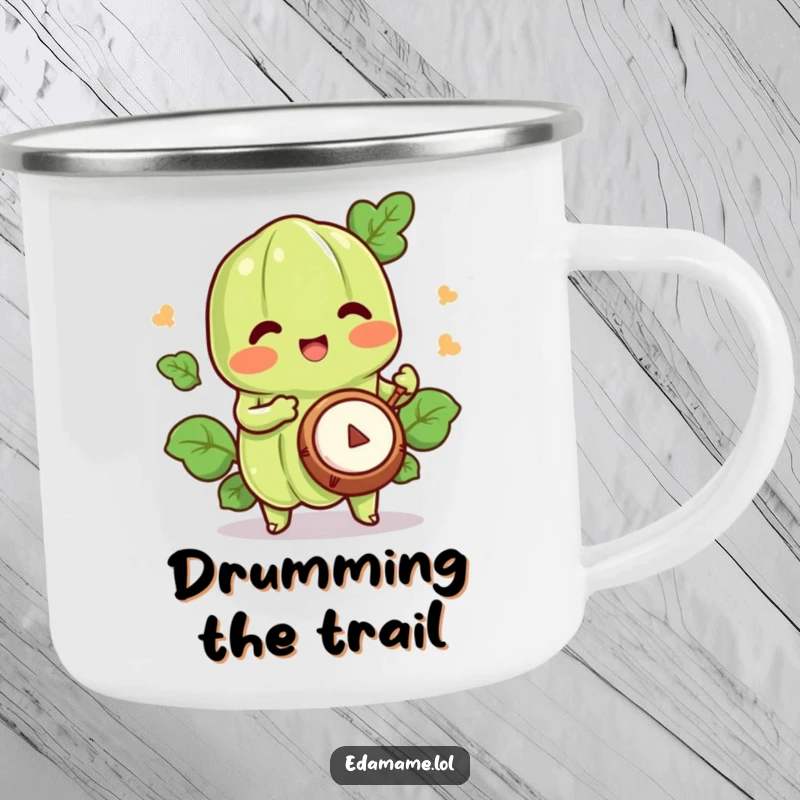Funny edamame camping mug featuring a happy character playing a tiny drum, ready for cheerful outdoor music.