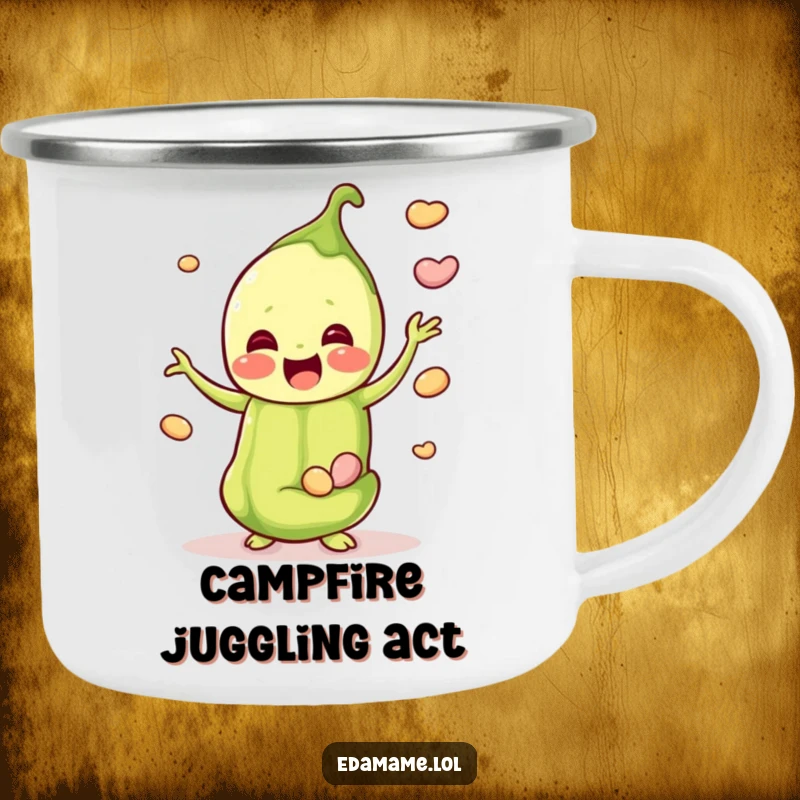 Funny camping mug with a happy edamame pod juggling beans, perfect for enjoying beverages during outdoor excursions.