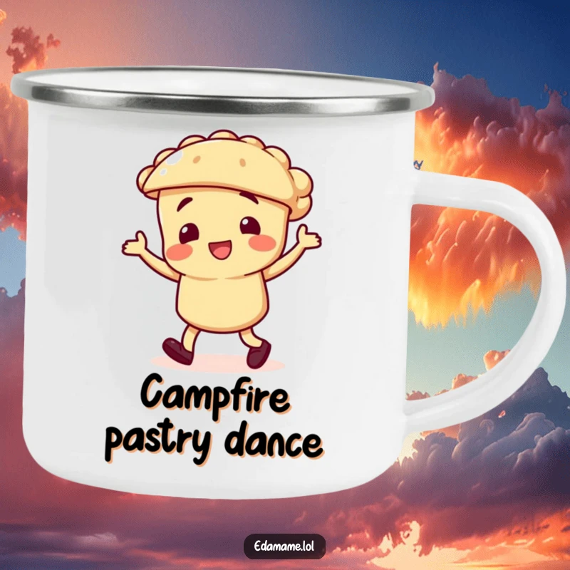 Funny camping mug showing a pie character doing a jig, designed for outdoor enjoyment and humorous, dessert-themed fun.