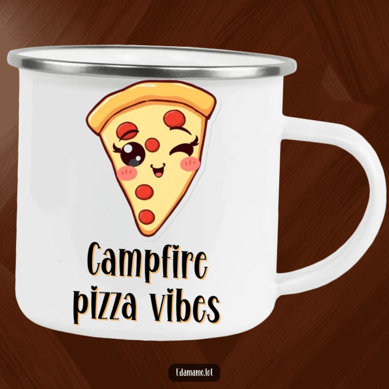 Funny Pizza Slice Camping Mug with pepperoni eyes winking, designed for outdoor fun and humor.