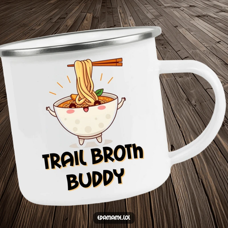 Funny Ramen Bowl Camping Mug with lively Dancing Noodles, designed for outdoor enjoyment and humor