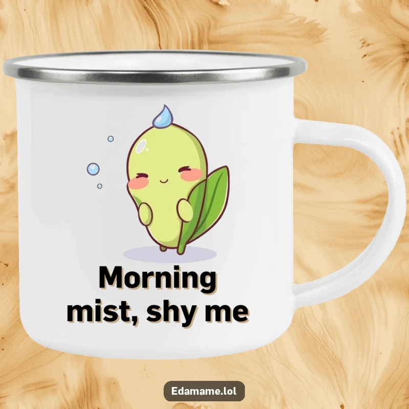 Funny Shy Edamame Camping Mug featuring a blushing pod peeking shyly from behind a dewdrop, perfect for outdoors.