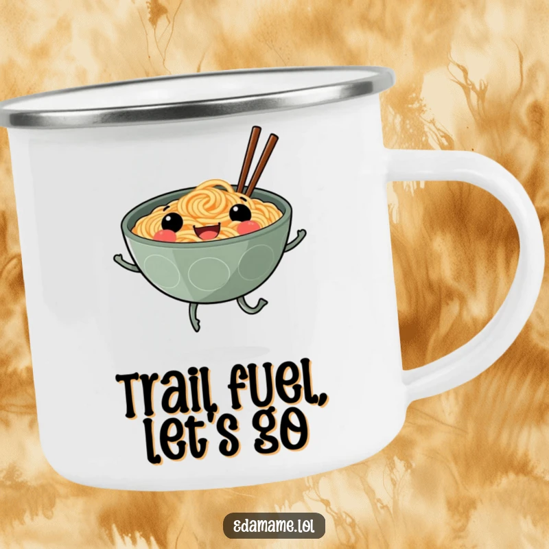 Funny camping mug with a smiling ramen bowl on legs skipping, perfect for enjoying beverages during outdoor adventures with a joyful twist.