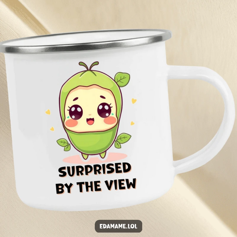 Funny surprised edamame pod camping mug, showcasing a shocked yet happy green bean character with big, wide eyes outdoors.