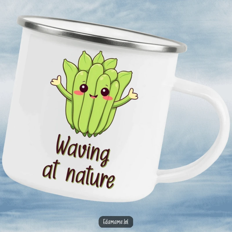 Funny camping mug with a cheerful edamame cluster waving, perfect for outdoor cheer.