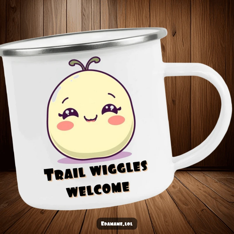 Funny camping mug with a happy bean pod with wide eyes wiggling, perfect for outdoor fun.