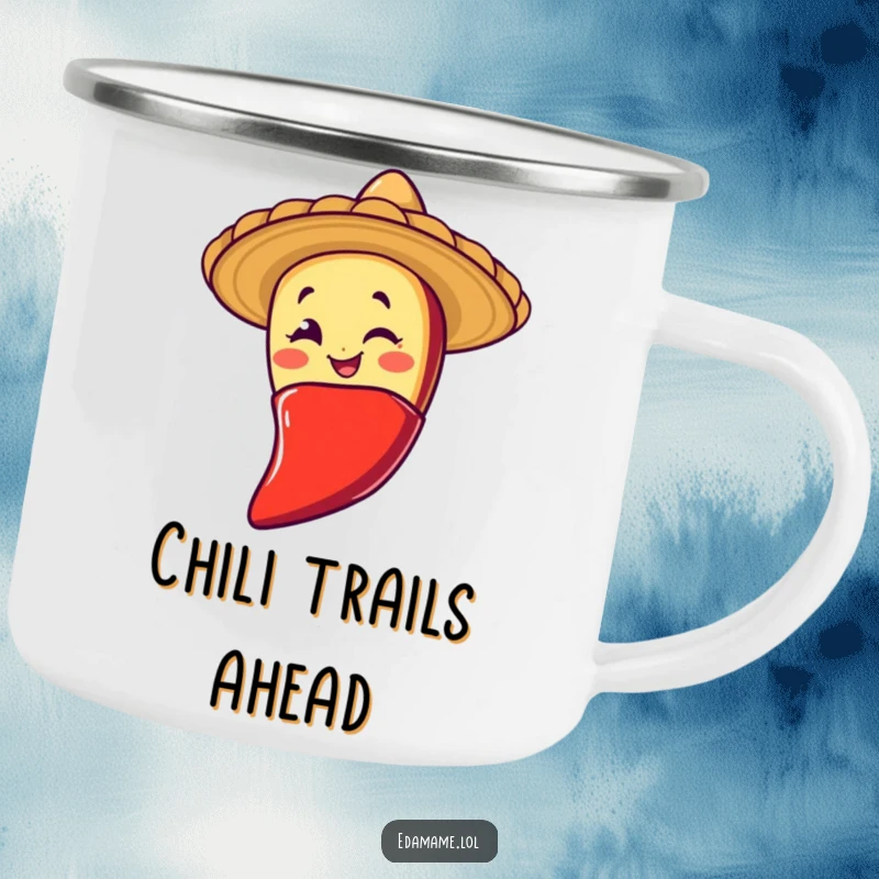 Funny camping mug with a winking taco character sliding down a chili pepper, perfect for enjoying beverages during outdoor adventures with a spicy twist.