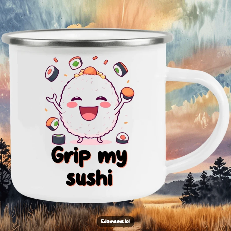 Funny Camping Mug showcasing a happy rice ball juggling sushi, ideal for outdoor enthusiasts who appreciate humor.