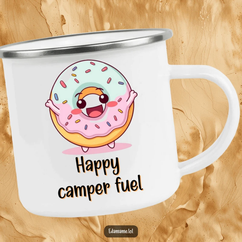 Funny camping mug with a delighted donut character covered in sprinkles, bouncing joyfully, perfect for outdoor treats.