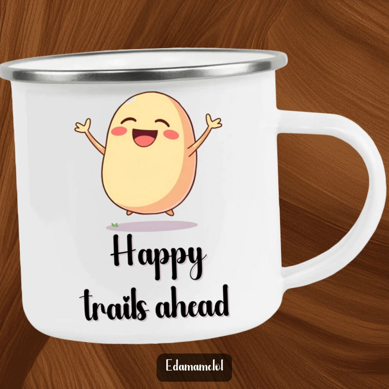 Funny camping mug featuring a laughing bean pod mid-jump, built for outdoor use and adding a humorous dose of joy.
