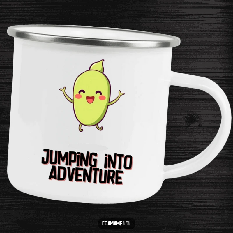 Funny camping mug showing a pod of smiling edamame with tiny legs, cheerfully jumping, designed for outdoor adventures and fun.