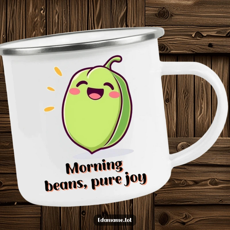 Funny Edamame Camping Mug featuring a giggling green pod, perfect for outdoor adventures and hot drinks.