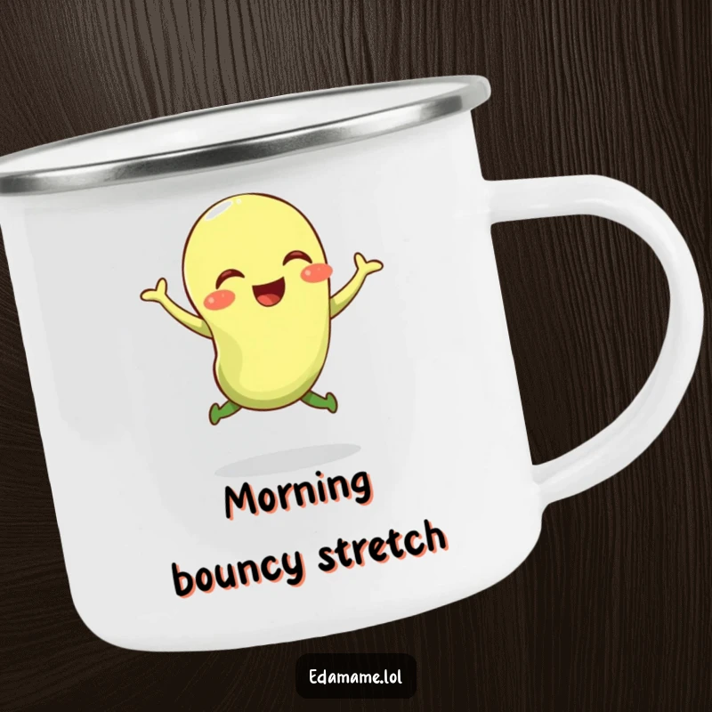Funny camping mug featuring a giggling edamame bean captured mid-jump, perfect for outdoor refreshment.