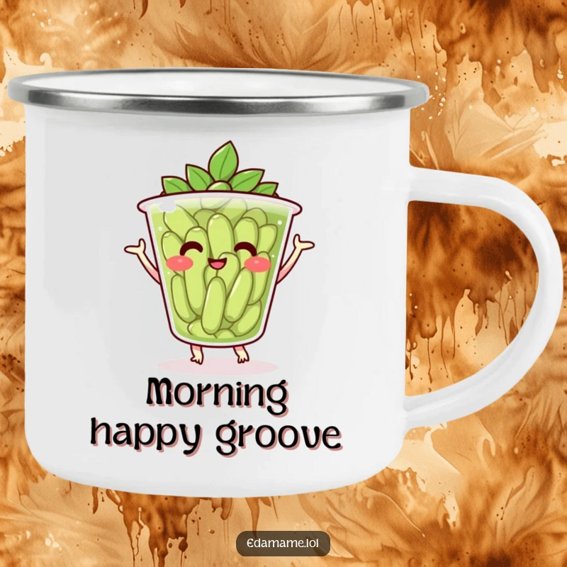 Funny camping mug featuring a smiling cup of edamame dancing joyfully, perfect for outdoor adventures.