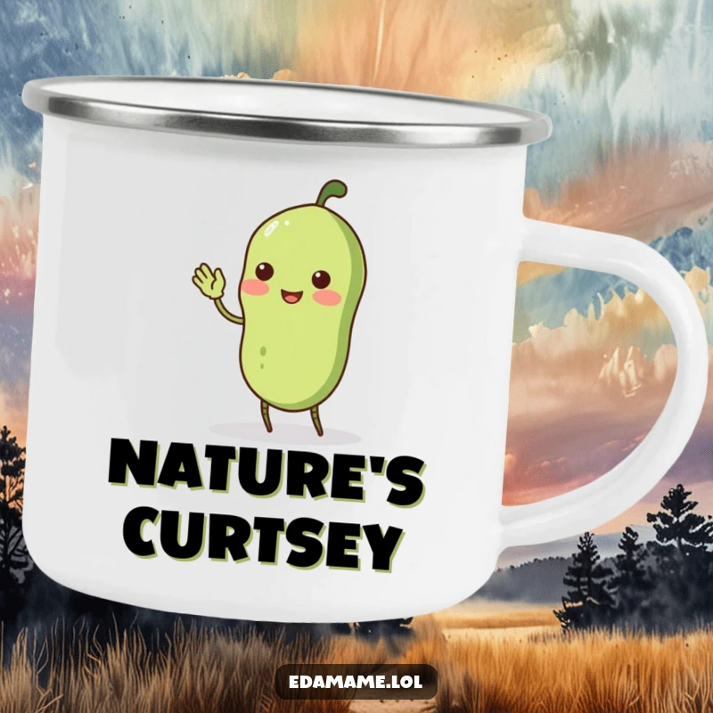 Funny wobbly edamame pod with stick legs doing a comical curtsey, on a durable camping mug, adding charming humor outdoors.