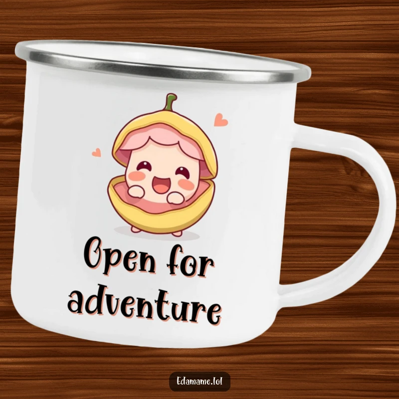 Funny happy edible bean pod splitting open with excitement, on a sturdy camping mug. Great for hiking, camping, and funny drinks.