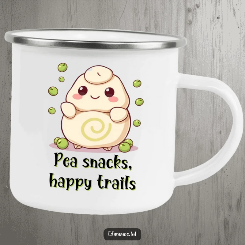 Funny camping mug with a happy dumpling juggling peas, perfect for enjoying beverages during outdoor adventures with a playful, skillful twist.