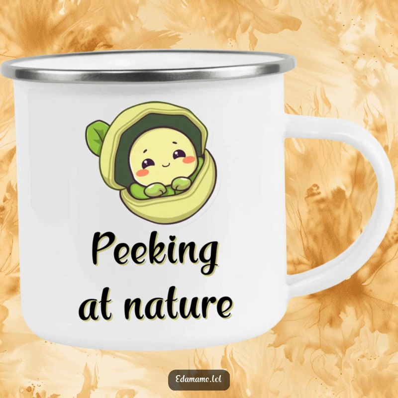 Funny camping mug depicting a shy edamame bean peeking from a pod, perfect for quiet outdoor enjoyment.