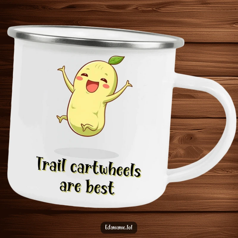 Funny edamame camping mug featuring a green pod with small legs doing a joyful cartwheel, perfect for active outdoor hydration and humor.