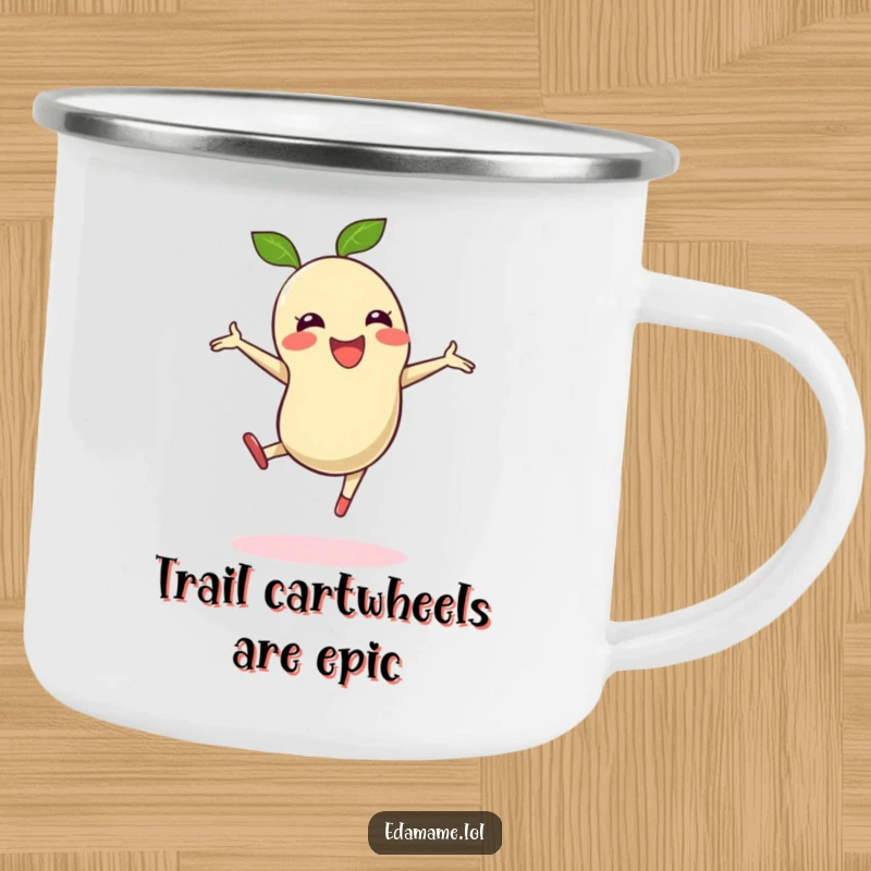 Funny camping mug depicting an edamame bean in a cartwheel, bringing high energy and joy to outdoor drinks.
