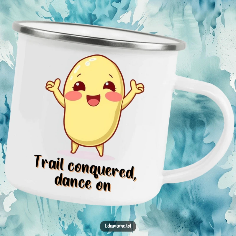 Funny enamel camping mug with a joyful edamame pod character performing a victory dance, perfect for celebrating wins on any adventure.
