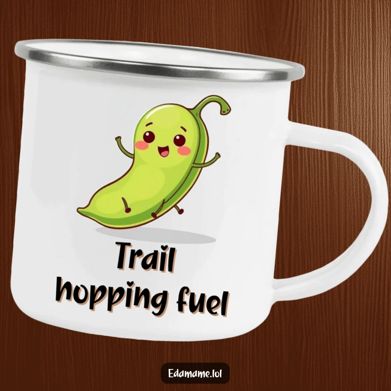 Funny camping mug showing a bright green bean pod with tiny legs hopping with joy, designed for outdoor fun.