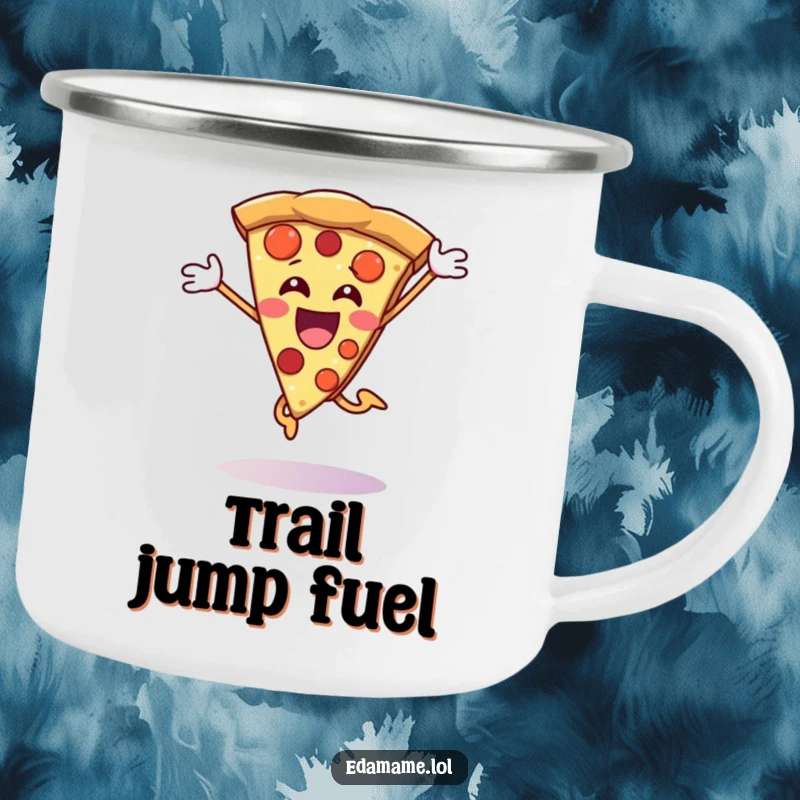 Funny Pizza Slice Camping Mug showing a happy character jumping with joy, durable and great for outdoor fun.