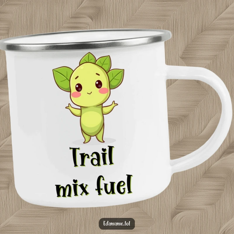 Funny Camping Mug: A proud edamame sprout strikes a pose, ready for humorous outdoor enjoyment.