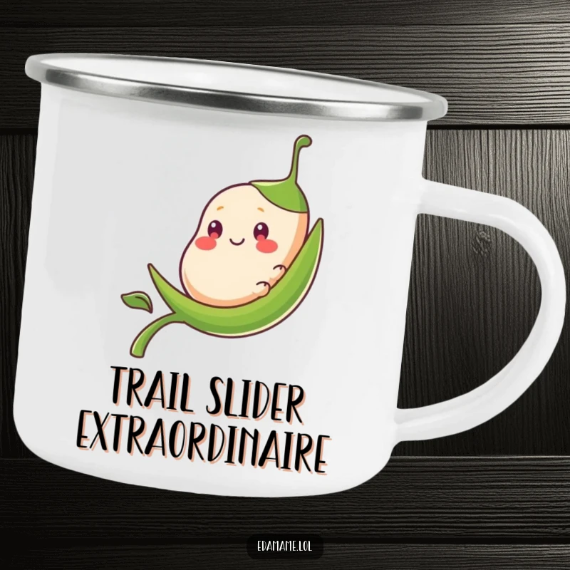 Funny bean pod character in a smooth slide down a stalk, depicted on a rugged camping mug.