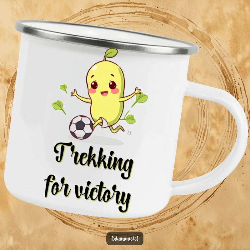 Funny camping mug illustration of a happy edamame bean kicking a tiny soccer ball, ready for any adventure.
