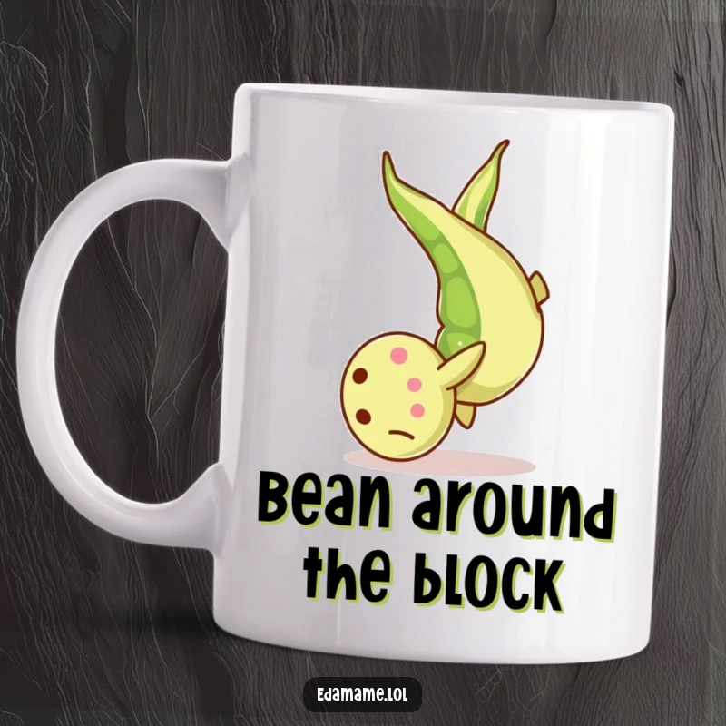 Funny Mug: A single stylized edamame bean mid-somersault, showcasing energetic and playful movement, perfect for a chuckle.