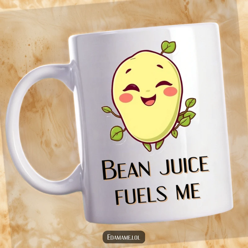 Funny mug featuring a cheerful edamame bean winking playfully, radiating happiness and good humor.